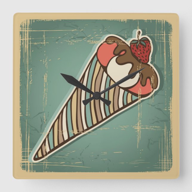 Retro Illustration of Ice Cream Square Wall Clock (Front)