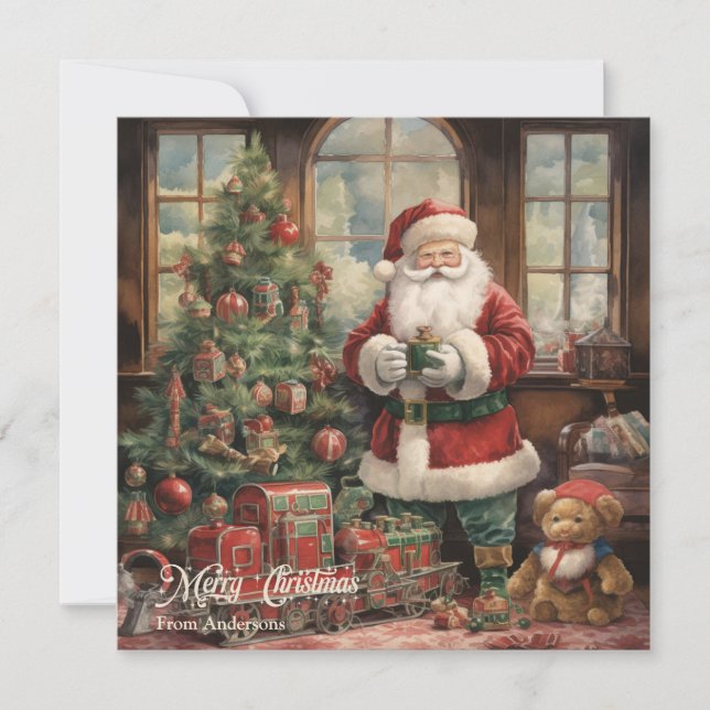 Retro illustration Santa Claus and Christmas Tree Holiday Card (Front)