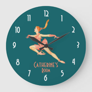 Retro Image of A Figure Skater In A Pink Outfit Large Clock