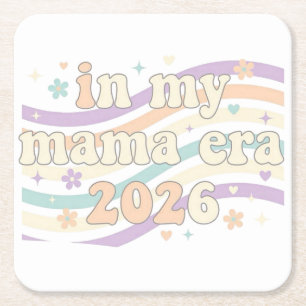 Retro In My Mama Era 2026 Pastel Groovy Motherhood Square Paper Coaster