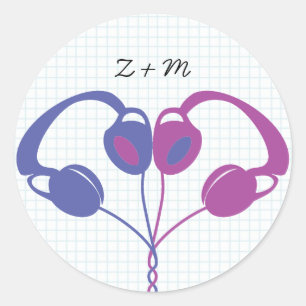 Retro Indie Headphones Heart Wedding (Purple/Blue) Classic Round Sticker