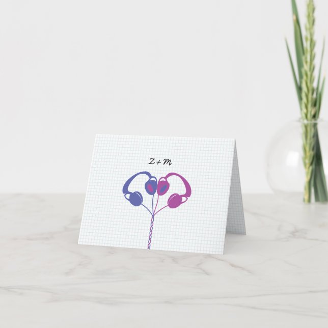 Retro Indie Headphones Heart Wedding (Purple/Blue) Thank You Card (Front)