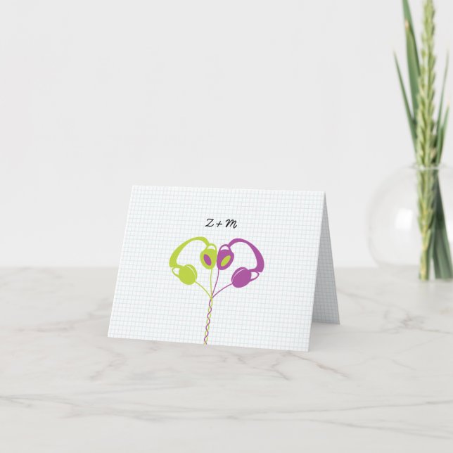 Retro Indie Headphones Heart Wedding (Purple/Lime) Thank You Card (Front)