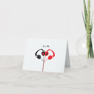 Retro Indie Headphones Heart Wedding Red and Black Thank You Card