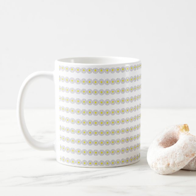Retro Indie Yellow Daisy Line Art Pattern Coffee Mug (With Donut)