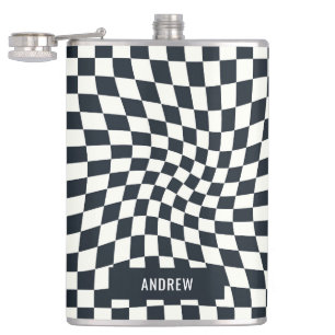 Retro Indigo White Chequered Personalised Hip Flask