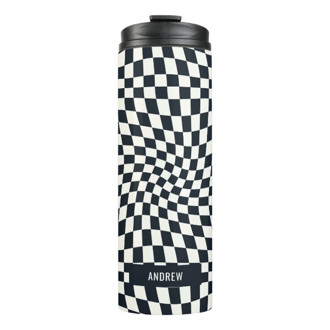 Retro Indigo White Chequered Personalised Thermal Tumbler (Front)