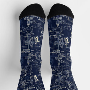 Retro Industrial Blue print Engineering Socks