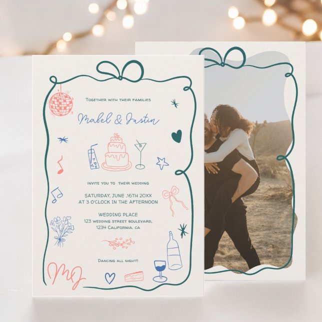 Retro initials ribbon illustrated photo wedding invitation (Retro initials ribbon illustrated photo wedding invitation)