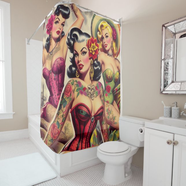 Retro Inked Girls Shower Curtain (In Situ)