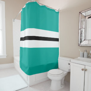Retro Inspired Aqua Black White Centre Stripes Shower Curtain