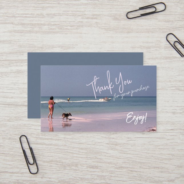 Retro-Inspired Lady and Dog at Beach Thank You  Business Card (Front/Back In Situ)