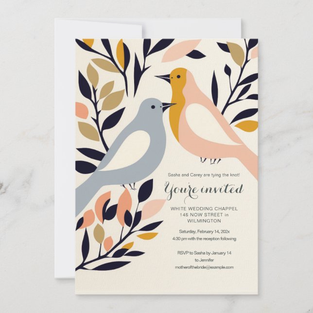 Retro-inspired love-bird invitation (Front)