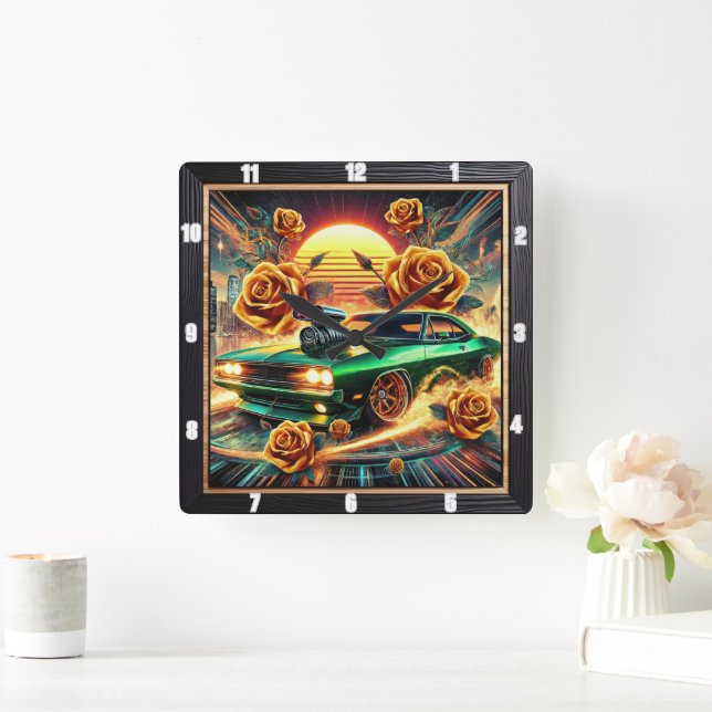Retro-Inspired Muscle Car with Vibrant Floral Art Square Wall Clock (Home)
