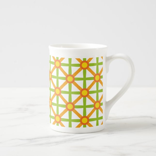 Retro Inspired Orange Green & Yellow Pattern Bone China Mug (Right)