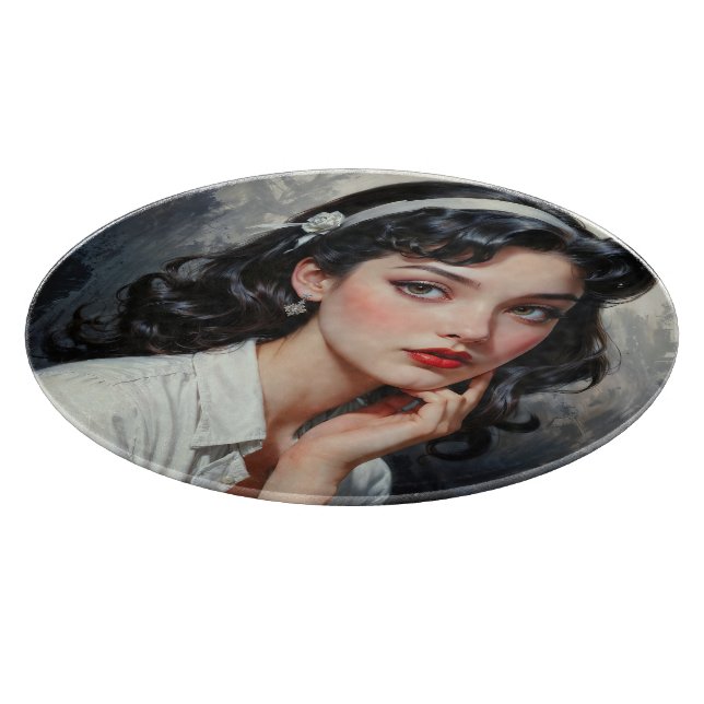 Retro Inspired Portrait of Thoughtful Young Woman Cutting Board (Corner)