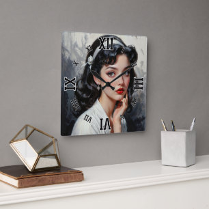 Retro Inspired Portrait of Thoughtful Young Woman Square Wall Clock