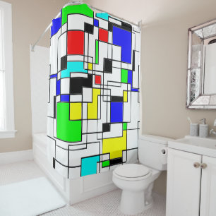 Retro Inspired Squares And Lines Shower Curtain