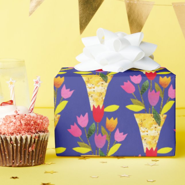 Retro-Inspired Tulips Hand-Illustrated Cute Bold  Wrapping Paper (Birthday Party)