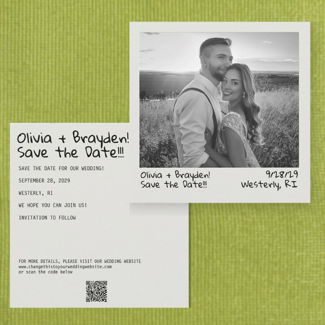 Retro Instant Camera B&W Photo QR Code Save The Date (Square retro instant camera style wedding save the date with your photo in black and white)