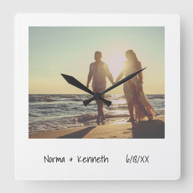 Retro Instant Photo | Add Names & Wedding Date Square Wall Clock (Front)