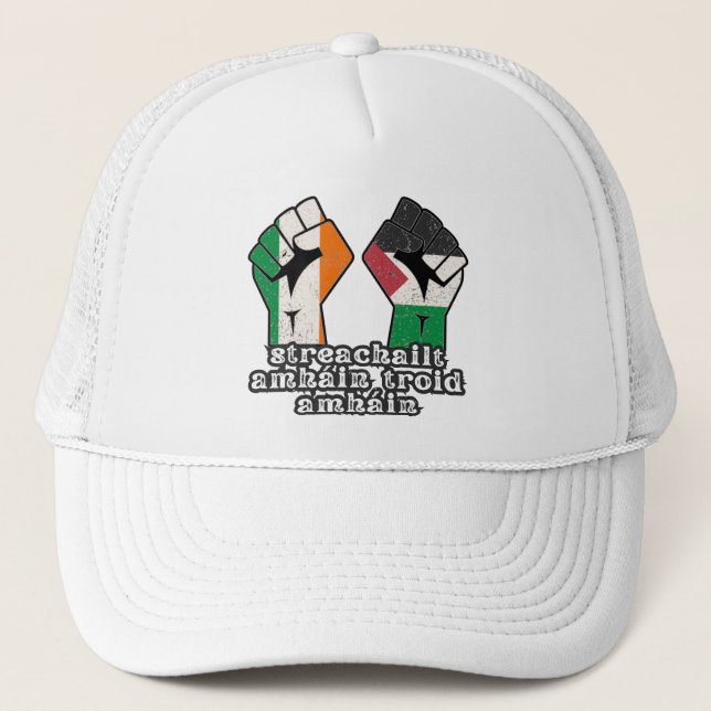 Retro Ireland Palestine Solidarity Fist revolution Trucker Hat (Front)