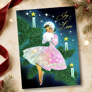 Retro Iridescent Christmas Candle Girl Thank You Card