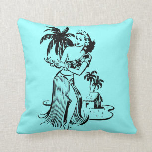 Retro Island Hula Dancer Palm Tree Custom Colour 2 Cushion