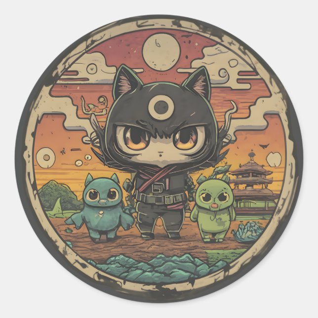 Retro Island Pals: Ninja Cat Crew Classic Round Sticker (Front)