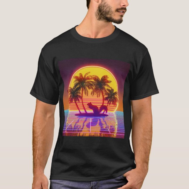 Retro Island Squirrel in Neon Sunset T-Shirt (Front)
