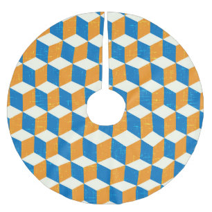 Retro isometric cubes, geometric illusion brushed polyester tree skirt