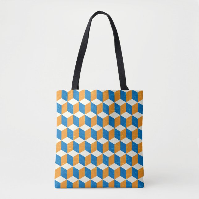 Retro isometric cubes, geometric illusion tote bag (Front)