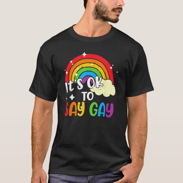 Retro Its Ok To Say Gay Rainbow LGBT Lesbian Trans T-Shirt (Front)