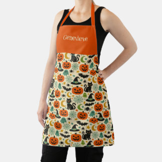 Retro Jack O Lanterns Halloween Name Apron