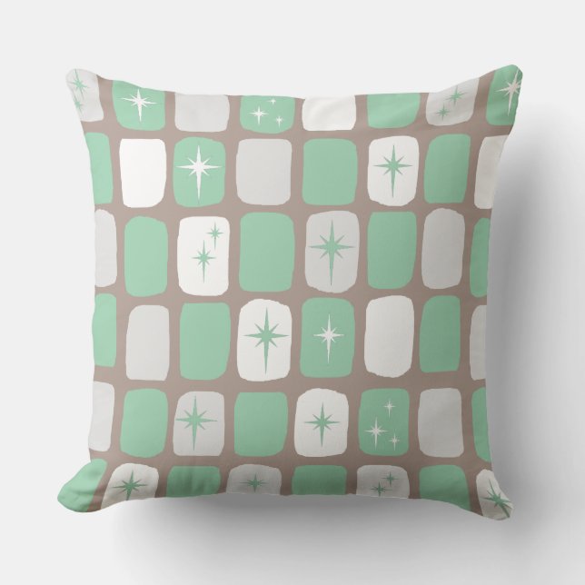 Retro Jade Starbursts Throw Pillow (Front)