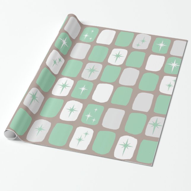 Retro Jade Starbursts Wrapping Paper (Unrolled)