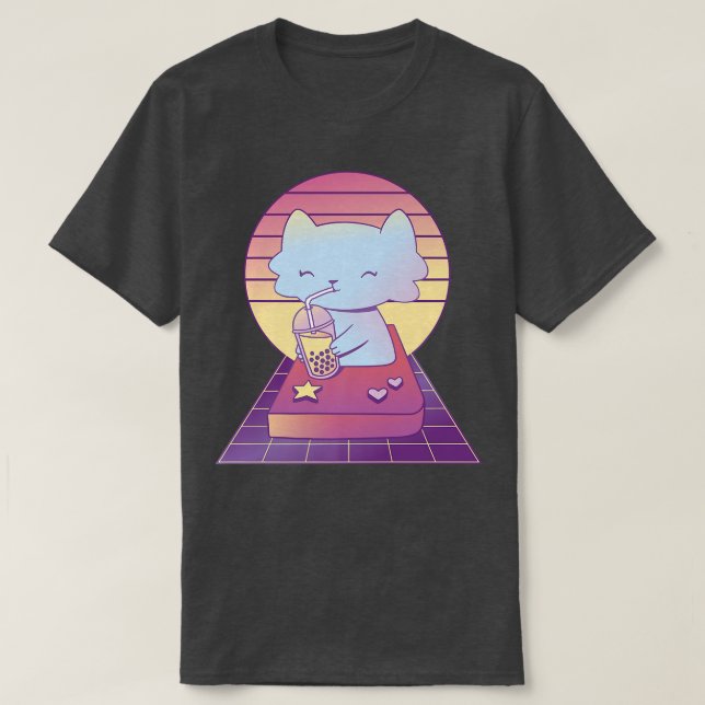 Retro Japan Cute Cat Kawaii Boba Bubble Tea 90s 80 T-Shirt (Design Front)