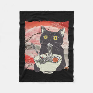 Retro Japanese Cat Eating Ramen Funny Noodles Fleece Blanket