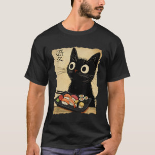 Retro Japanese Cat Sushi Cute Black Funny Kawaii C T-Shirt