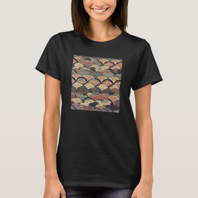 Retro Japanese Flower Woodblock Abstract Floral Pa T-Shirt (Front)