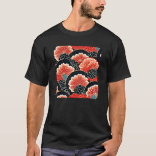 Retro Japanese Flower Woodblock Abstract Floral Pa T-Shirt