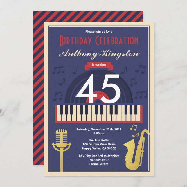 Retro jazz music birthday party adult man invitation (Front/Back)