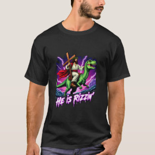 Retro Jesus Christian He Is Rizzin Riding T Rex Di T-Shirt