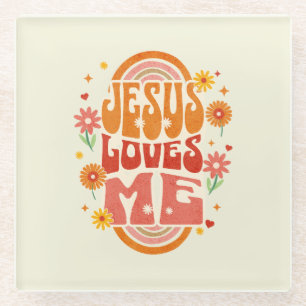 Retro “Jesus Loves Me” Christian Art – Groovy Fait Glass Coaster
