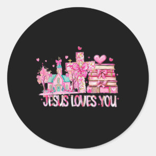 Retro Jesus-loves You Pink Christian Valentine Day Classic Round Sticker
