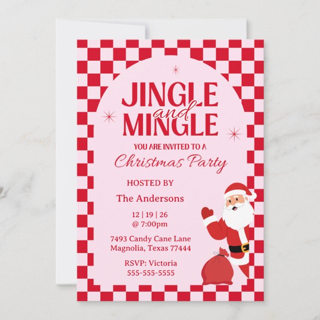Retro Jingle And Mingle Christmas Checkerboard Red Invitation (Front)