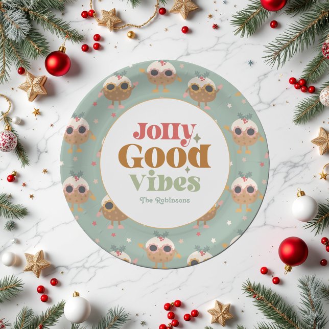 Retro "Jolly Good Vibes" Christmas Party Paper Plate (Retro "Jolly Good Vibes" Christmas Party Paper Plates)
