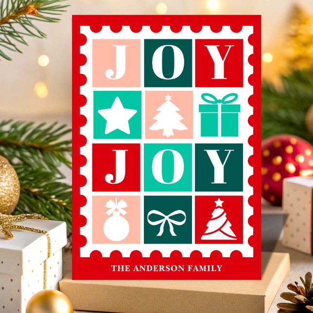Retro Joy Christmas Postage Stamp Holiday Card (Creator Uploaded)