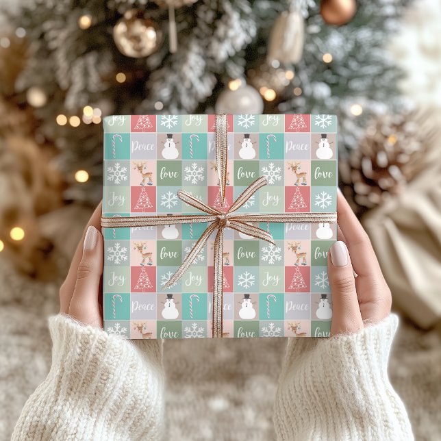 Retro Joy Cute Christmas Illustrations Squares Wrapping Paper (Creator Uploaded)