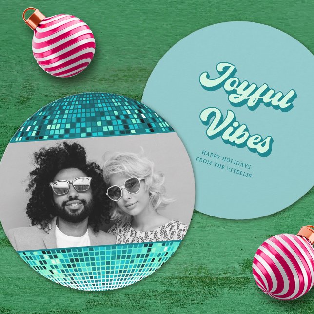 Retro Joyful Vibes Disco Ball Christmas Photo Holiday Card (Creator Uploaded)